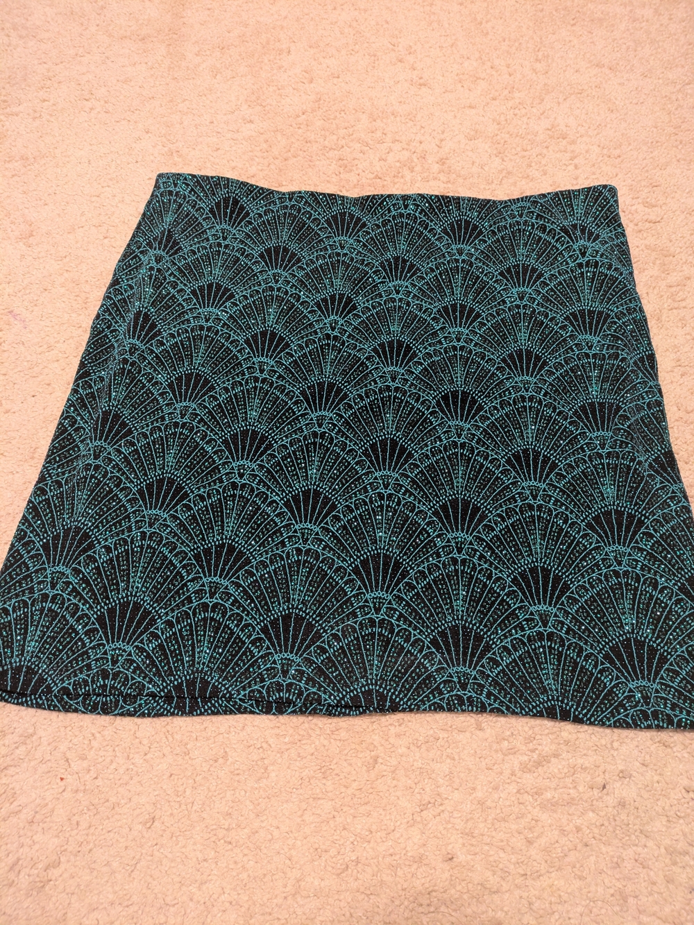 H&M Black Mini Skirt with Teal Art Deco Pattern Size L All Over Stretch 1930s
